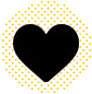 A black heart-shape sits against a checkered background, contained within a square; the whole is set against a solid yellow field.