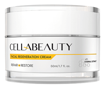 A white jar of CELLAMd Facial Regeneration Cream sits against a white background. The cream is described as repairing and restoring, contains Eternal Extract, and comes in a 50ml/1.7 fl. oz. container.