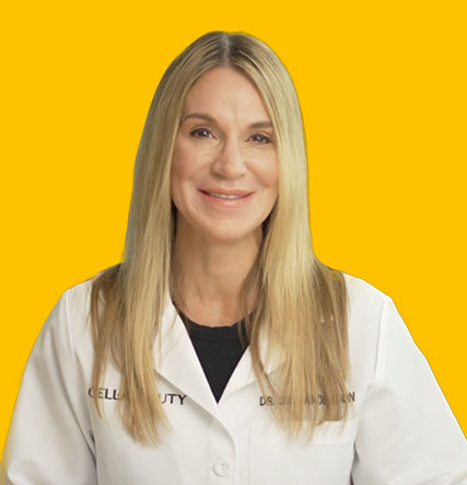 A woman with long blonde hair, wearing a white lab coat that says "CELLAMd DR. DANA MD," is posing against a solid yellow background.