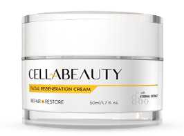 A jar of Cell-a-beauty facial regeneration cream sits on a plain white background. The cream is described as repairing and restoring; the jar contains 50ml/1.7 fl. oz. and includes an 