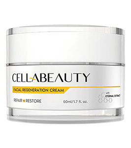 A white jar of CELLAMd Facial Regeneration Cream sits against a plain background. The cream is described as repairing and restoring, and contains 60ml/1.7 fl oz. The label also mentions "Eternal Extract."