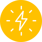 A white lightning bolt is centered against a solid yellow background, surrounded by radiating lines suggesting energy or speed.