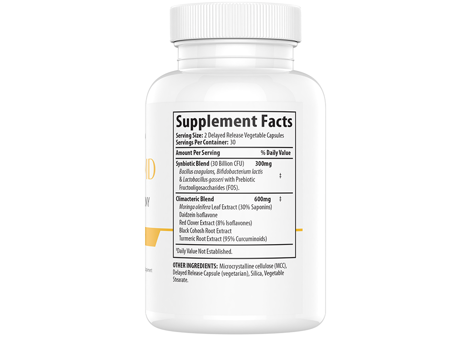 A supplement bottle displays nutritional facts, including a synbiotic blend and climacteric blend, with serving size and other ingredients listed.