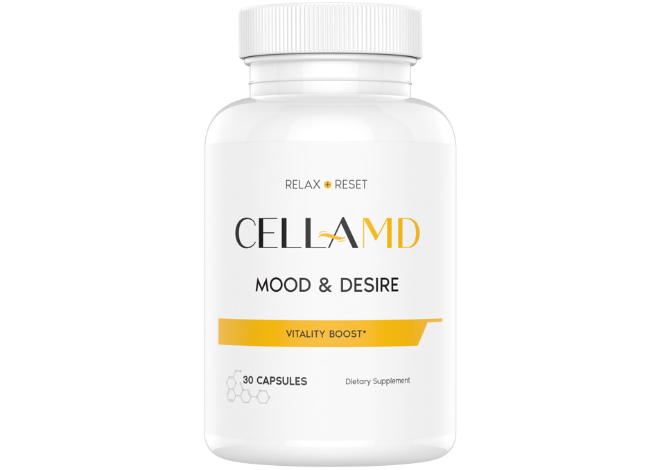 A white bottle of CELLAMd Mood & Desire dietary supplement sits on a white background. It contains 30 capsules and is labeled "RELAX + RESET" and "VITALITY BOOST*".