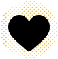 A black heart-shape sits against a checkered background, contained within a square; the whole is set against a solid yellow field.