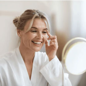 A woman, wearing a white robe, smiles while gently touching her face; she is in a brightly lit bathroom.